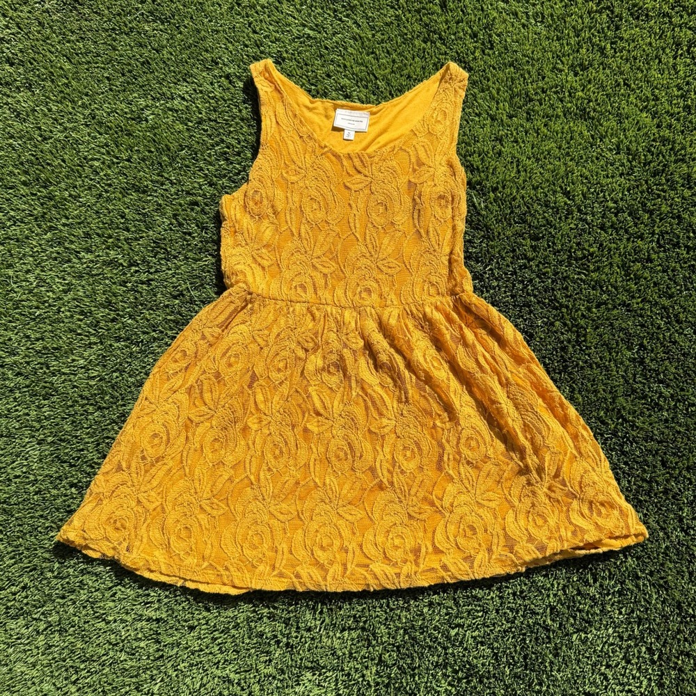 Moulinette Soeurs Anthro Mustard Yellow Floral Lace Skater Dress‎ Pockets M